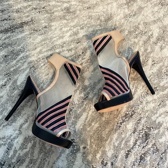 L’Agence Black and Orange Striped Mesh Heels - Picture 2 of 7